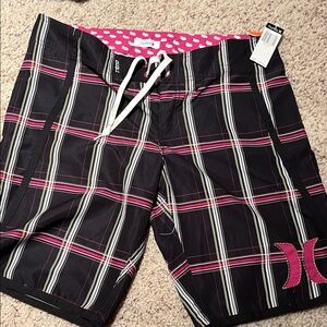 Hurley Women's Plaid Shorts in Black and Pink